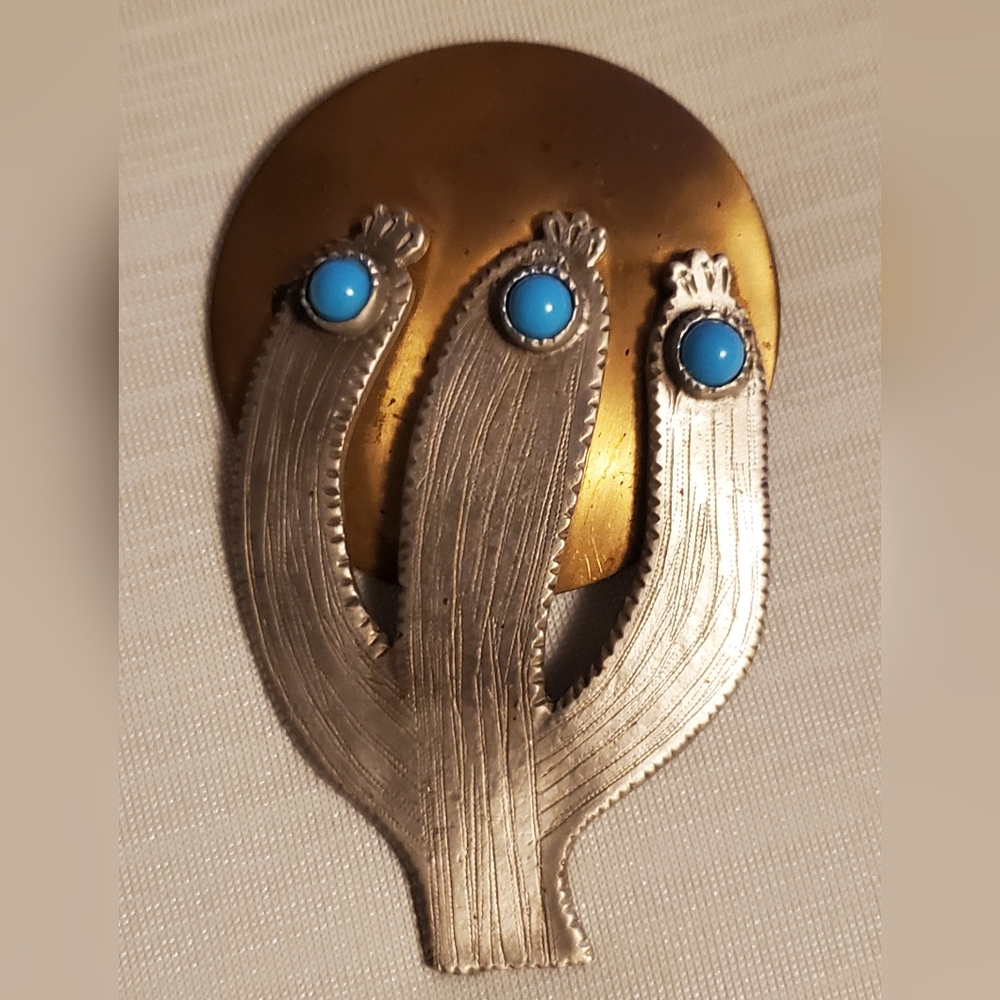 Silver and Gold Cactus Brooch with Turquoise Accents